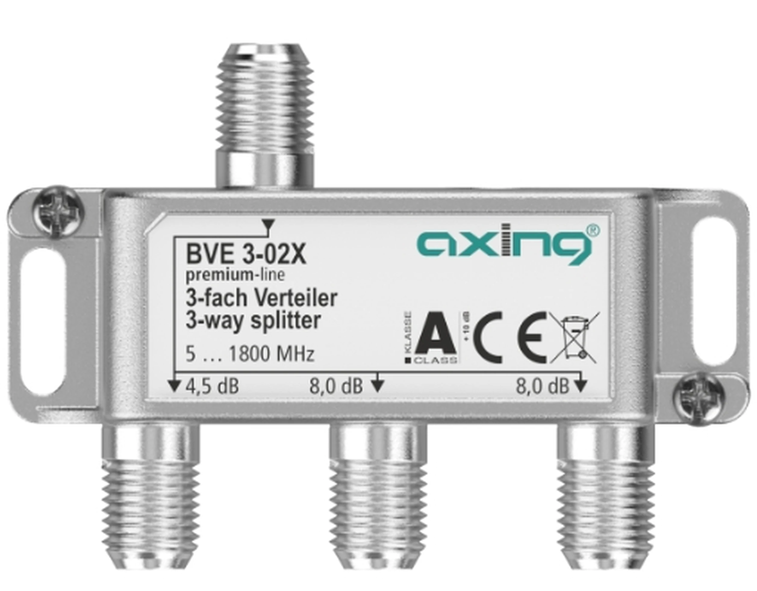 AXING BVE 3-02X 3-fach Verteiler (unsymmetrisch) | 4,5/8/8 dB | 5 … 1800 MHz AXING BVE 3-02X 3-fach Verteiler (unsymmetrisch) | 4,5/8/8 dB | 5 … 1800 MHz-Artikelnummer-061 003 17-von-Axing